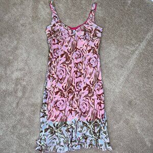 Date USA Dress Womens XL Pink Camo Abstract Babydoll Y2K Sheer Asymmetric Ruffle